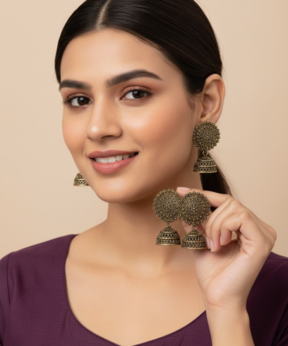 Antique Gold Oxidised Jhumka Earrings for Women & Girls
